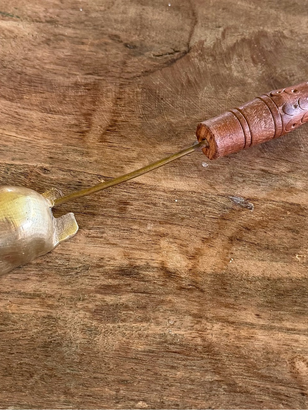 Brass Candle Snuffer with Carved Wooden Handle - Brass & Brown